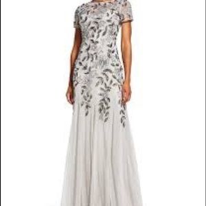 Adrianna Papell Floral Beaded Silver Gown